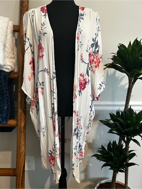 Moral Fiber Tops - Moral Fiber White Kimono Cardigan with Pink Floral Print Size Large